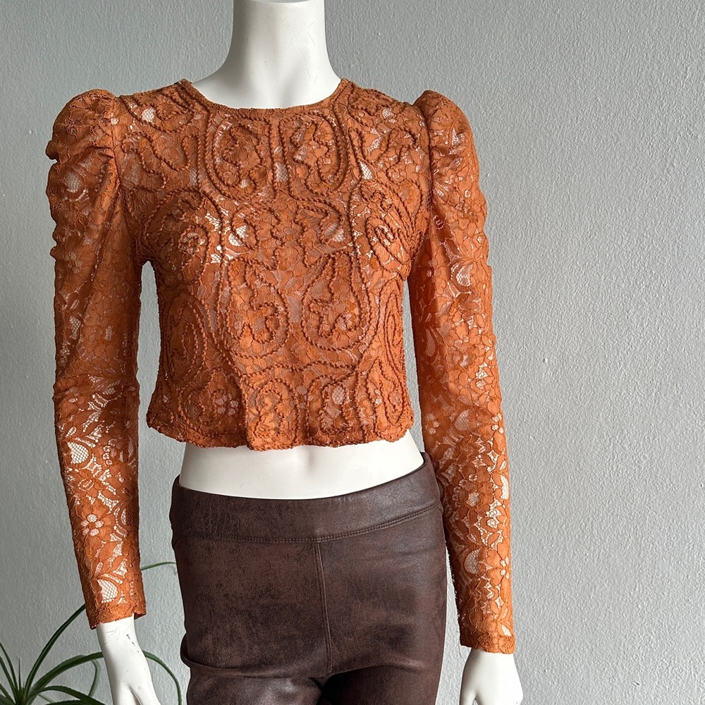 DO+BE Burnt Orange Lace Puff Sleeves Crop Top